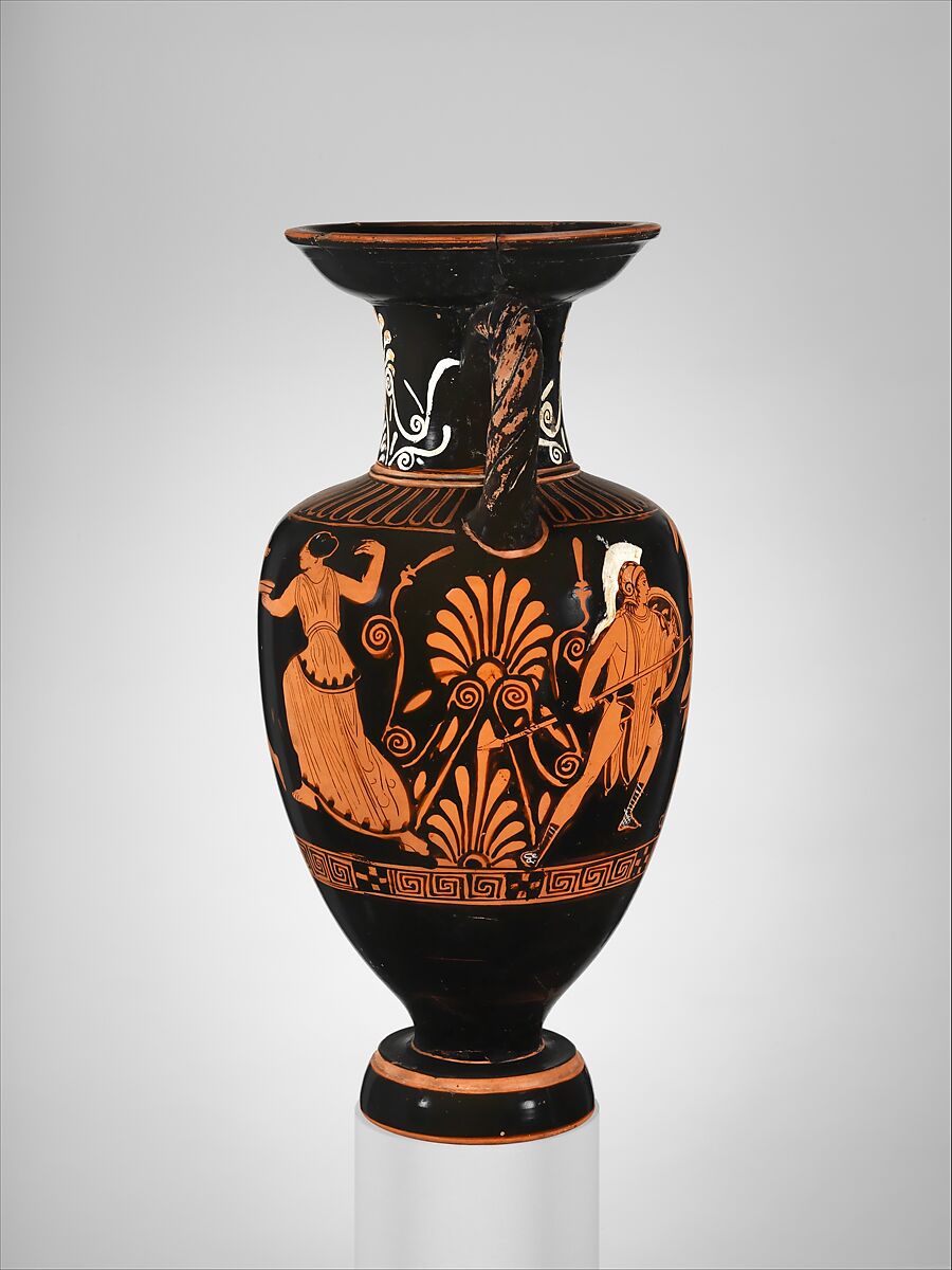 Terracotta neck-amphora (jar) with twisted handles, Attributed to the Suessula Painter, Terracotta, Greek, Attic