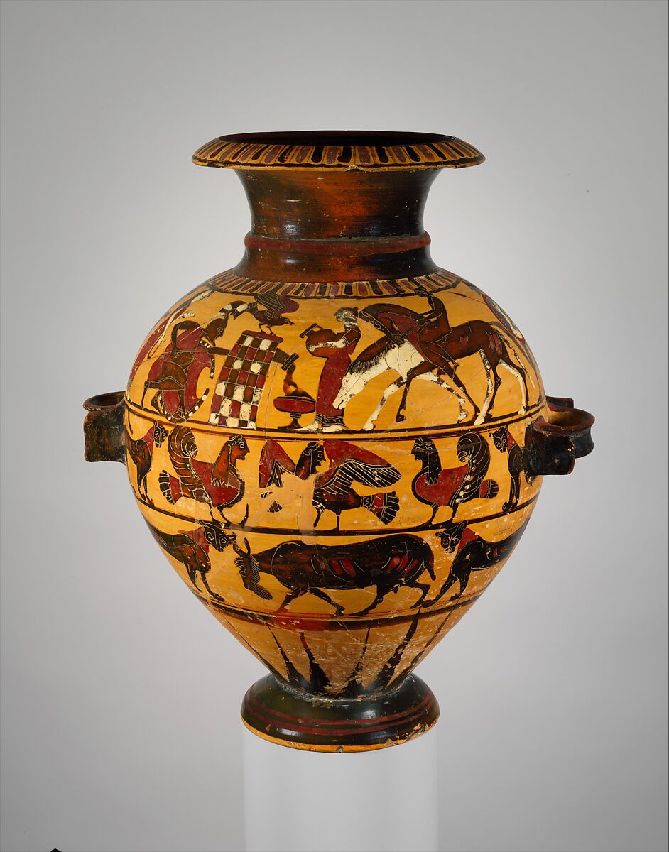 Terracotta hydria (water jar), Attributed to the Painter of London B 76, Terracotta, Greek, Attic 
