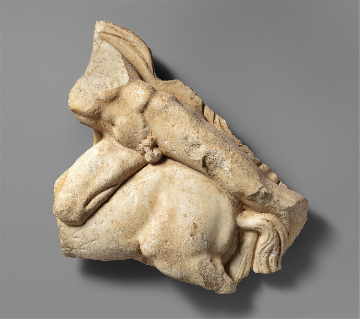 Marble relief fragment with centaur and Lapith, Marble, Pentelic, Greek 