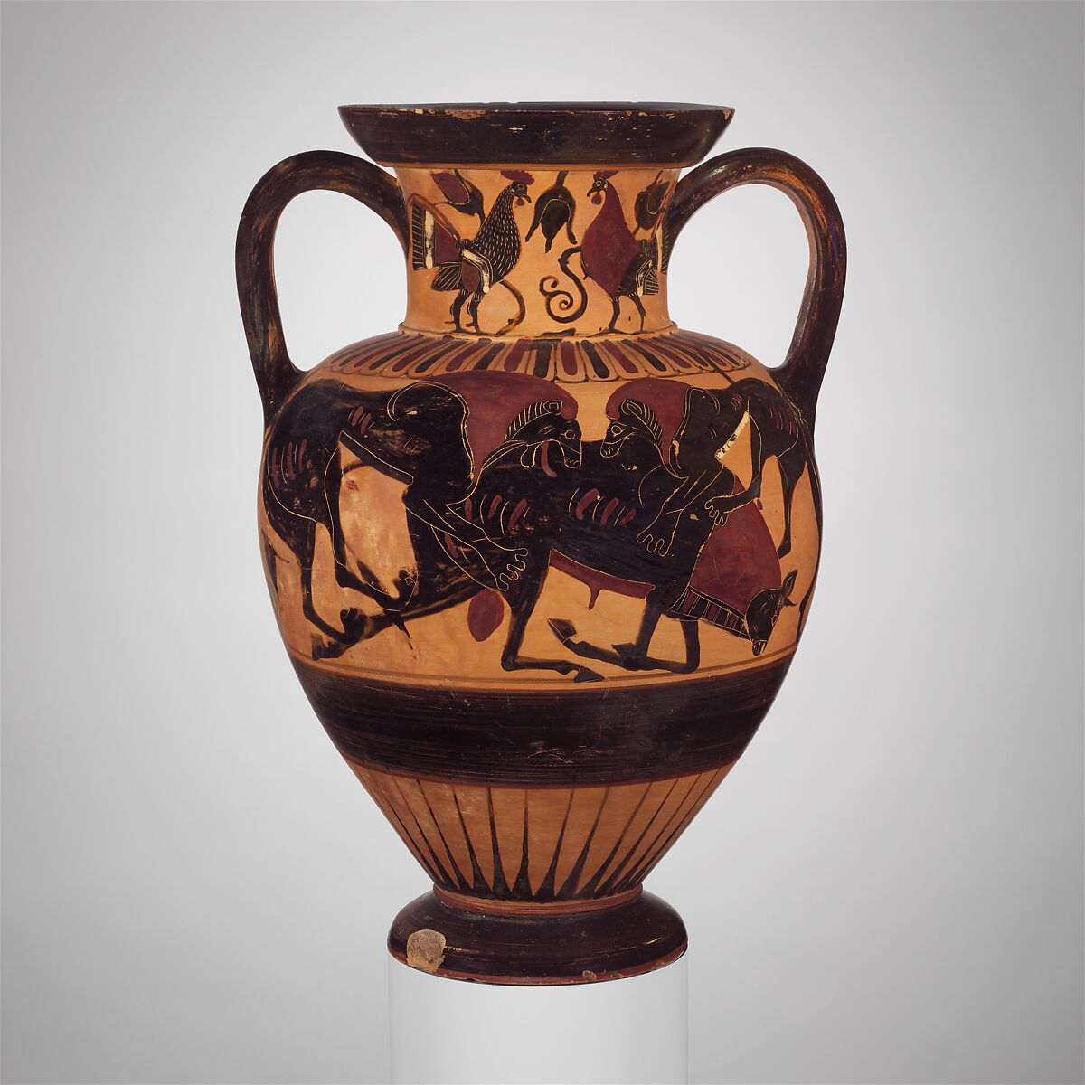 Terracotta neck-amphora (jar), Attributed to the Polyphemos Group, Terracotta, Greek, Chalcidian 