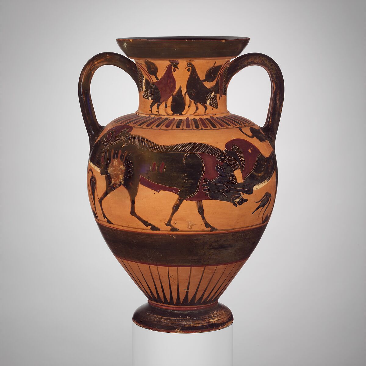 Terracotta neck-amphora (jar), Attributed to the Polyphemos Group, Terracotta, Greek, Chalcidian