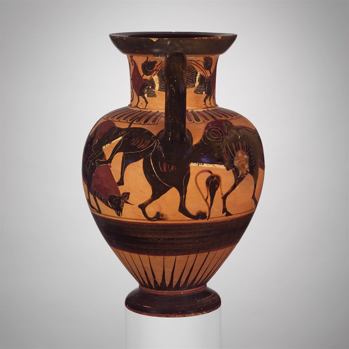 Terracotta neck-amphora (jar), Attributed to the Polyphemos Group, Terracotta, Greek, Chalcidian