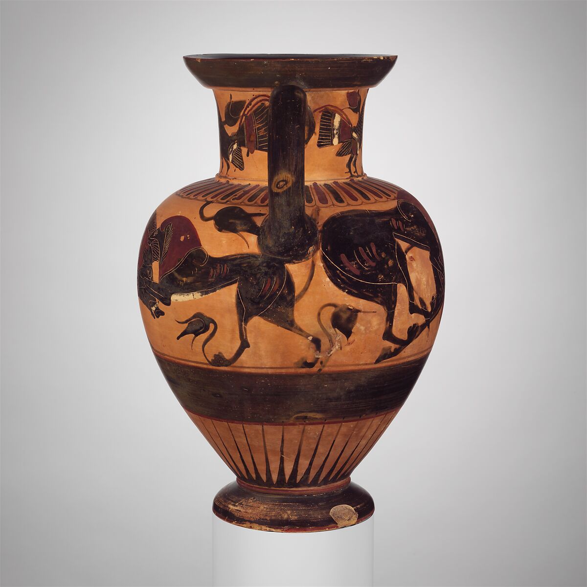 Terracotta neck-amphora (jar), Attributed to the Polyphemos Group, Terracotta, Greek, Chalcidian