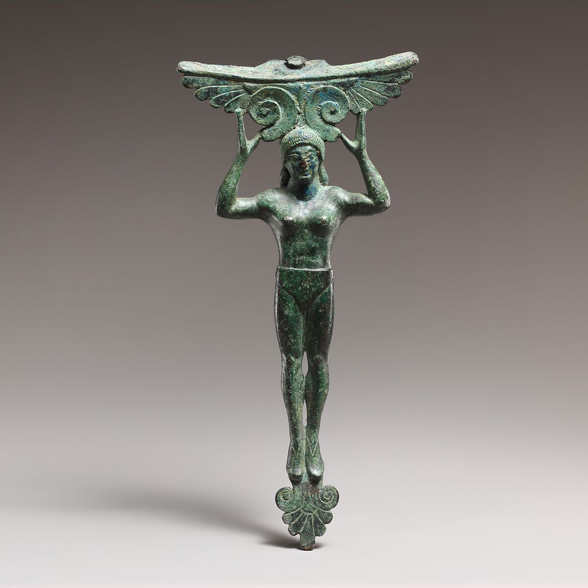 Bronze patera handle in the form of a young woman, Bronze, Greek 