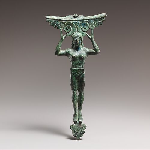 Bronze patera handle in the form of a young woman