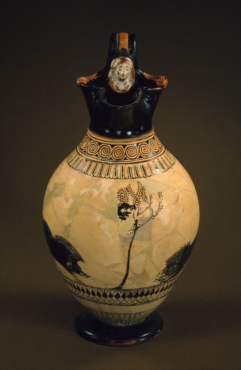 Terracotta oinochoe (jug), Attributed to the Painter of London B 620, Terracotta, Greek, Attic 