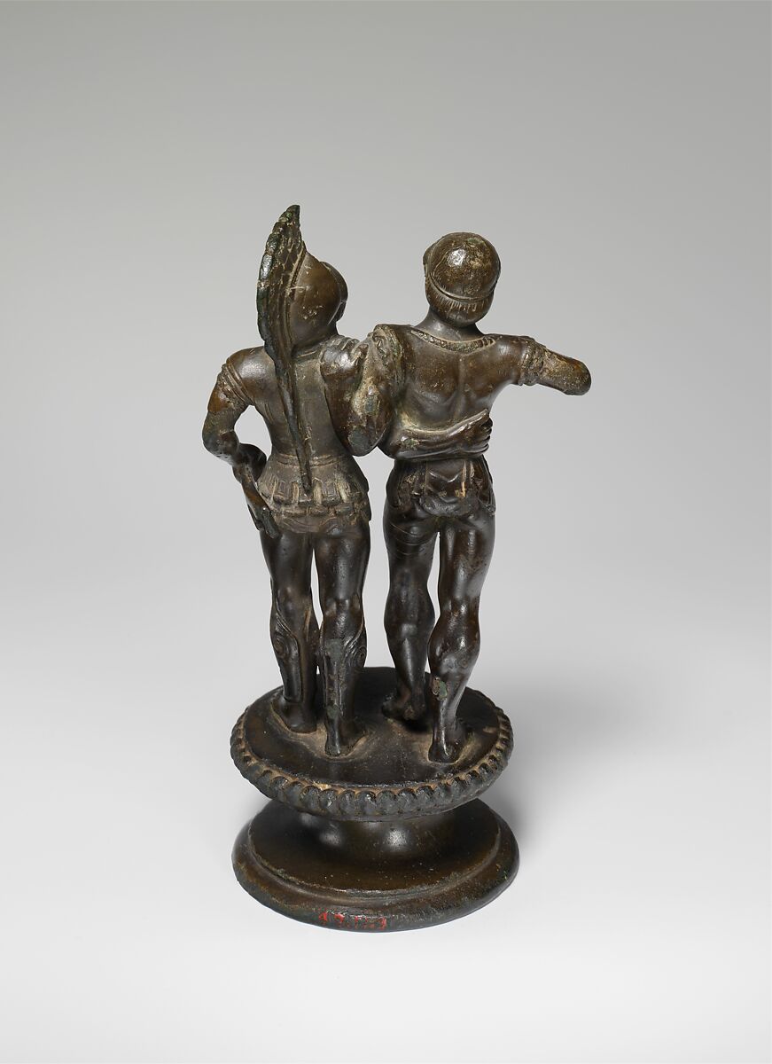 Bronze finial of two warriors from a candelabrum, Bronze, Etruscan