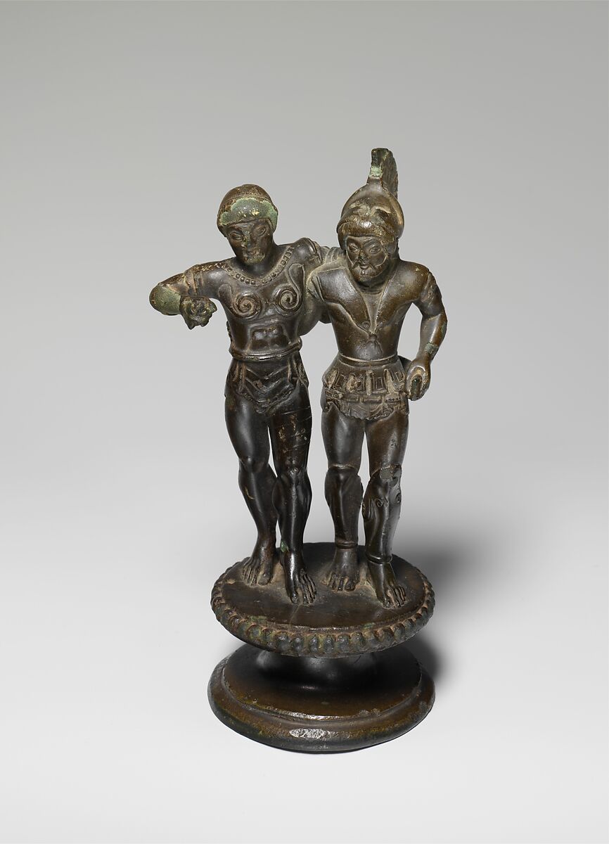 Bronze finial of two warriors from a candelabrum, Bronze, Etruscan 