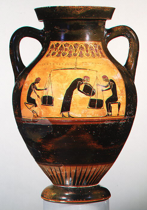 Terracotta amphora (jar), Signed by Taleides as potter, Terracotta, Greek, Attic