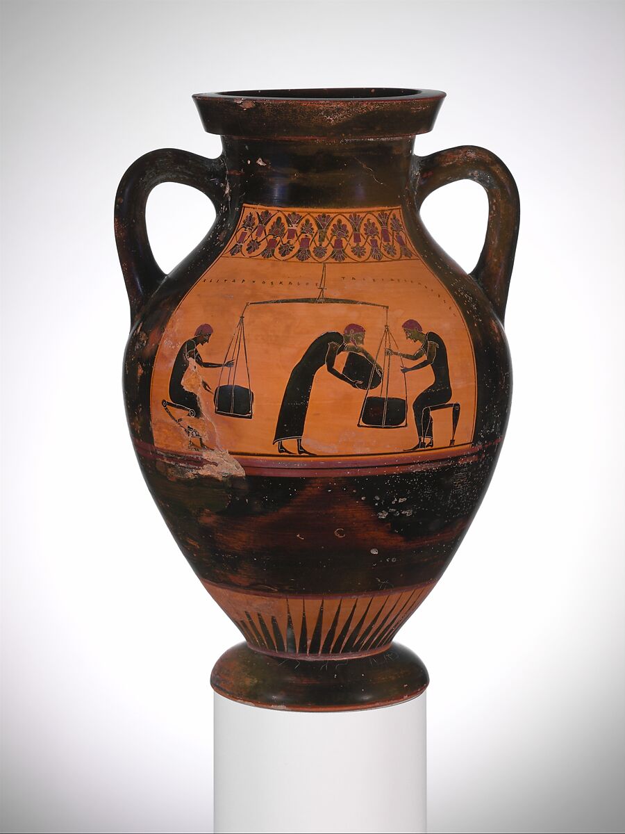 Terracotta amphora (jar), Signed by Taleides as potter, Terracotta, Greek, Attic