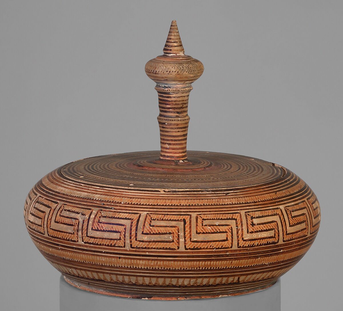 Terracotta pyxis (box with lid), Terracotta, Greek, Attic 