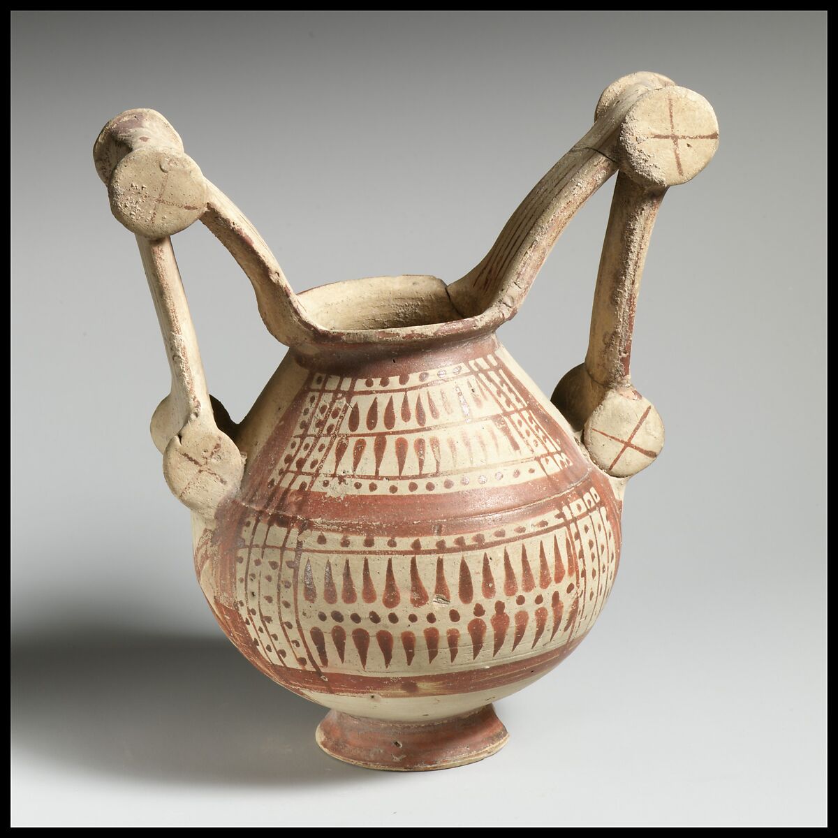 Terracotta trozella (two-handled jar), Terracotta, Native Italic, Apulian, Messapian 