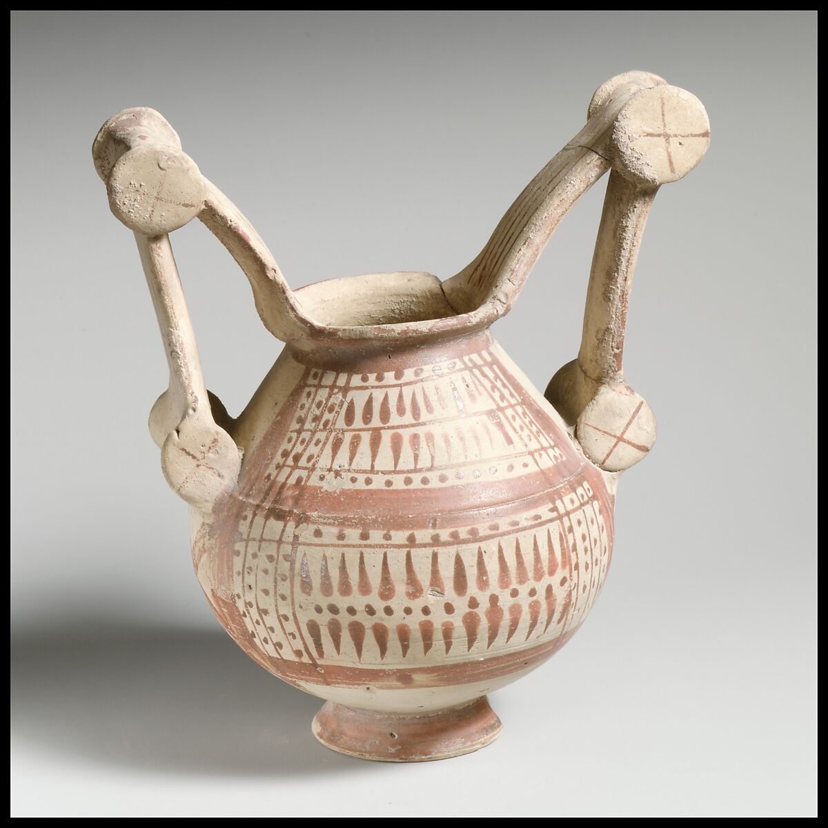 Terracotta trozella (two-handled jar), Terracotta, Native Italic, Apulian, Messapian