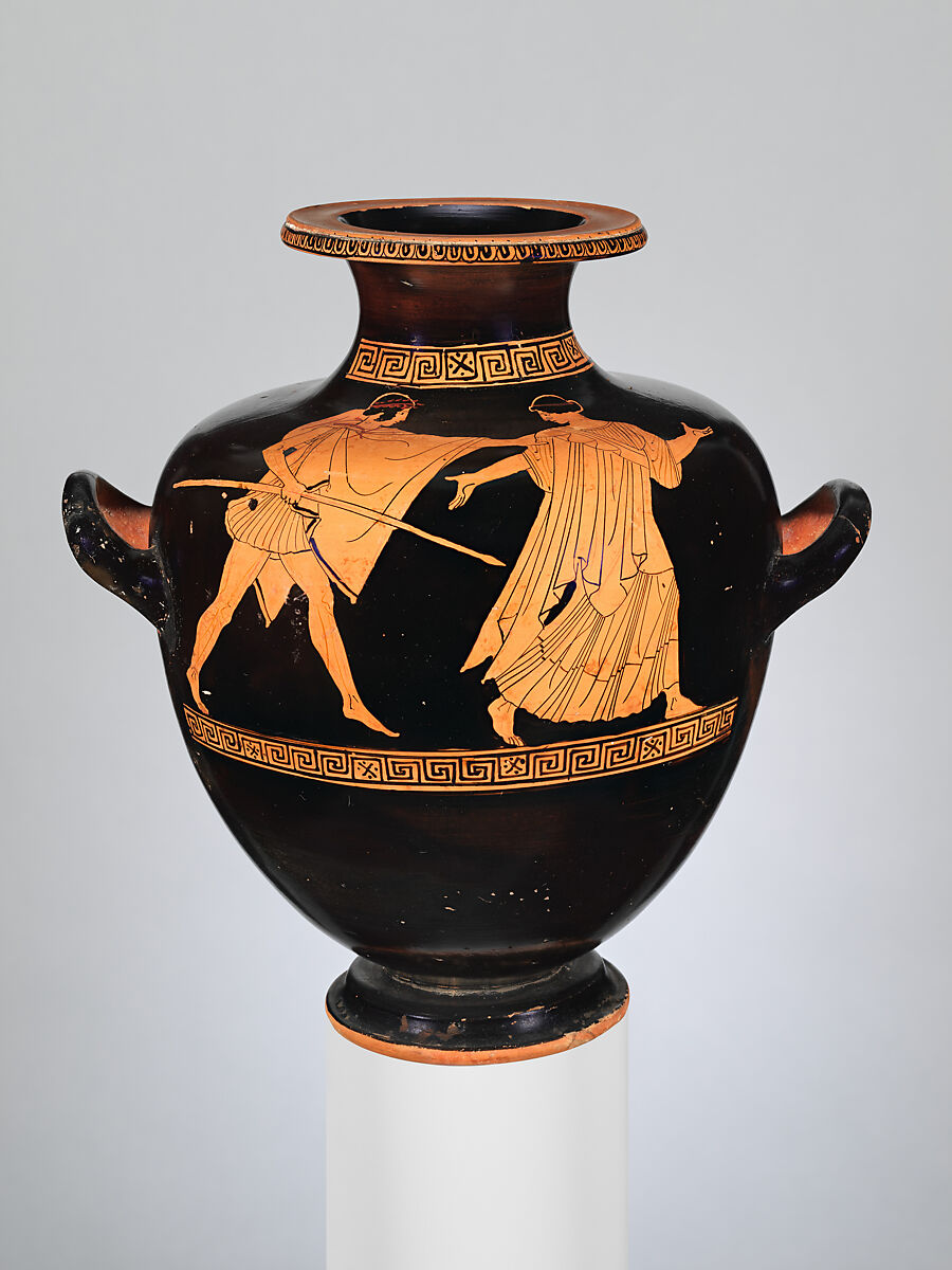 Terracotta hydria: kalpis (water jar), Attributed to the Achilles Painter, Terracotta, Greek, Attic 