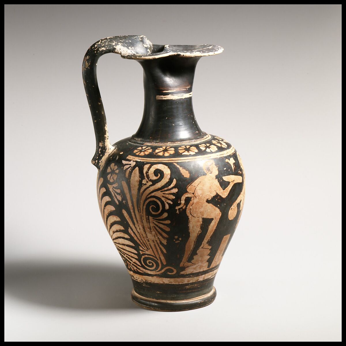 Terracotta oinochoe (jug), Attributed to the Group of Zurich 2657, Terracotta, Greek, South Italian, Apulian 