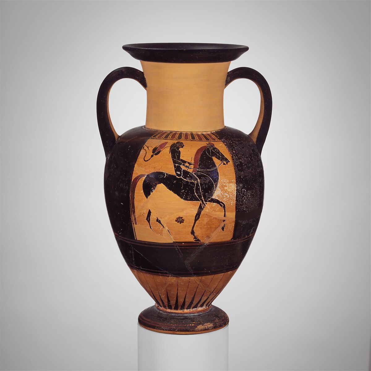 Terracotta neck-amphora (jar), Attributed to the Phineus Painter, Terracotta, Greek, Chalcidian 