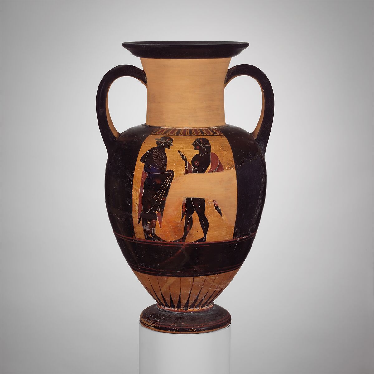 Terracotta neck-amphora (jar), Attributed to the Phineus Painter, Terracotta, Greek, Chalcidian