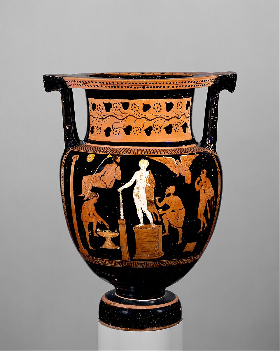 Terracotta column-krater (bowl for mixing wine and water), Attributed to the Group of Boston 00.348, Terracotta, Greek, South Italian, Apulian 