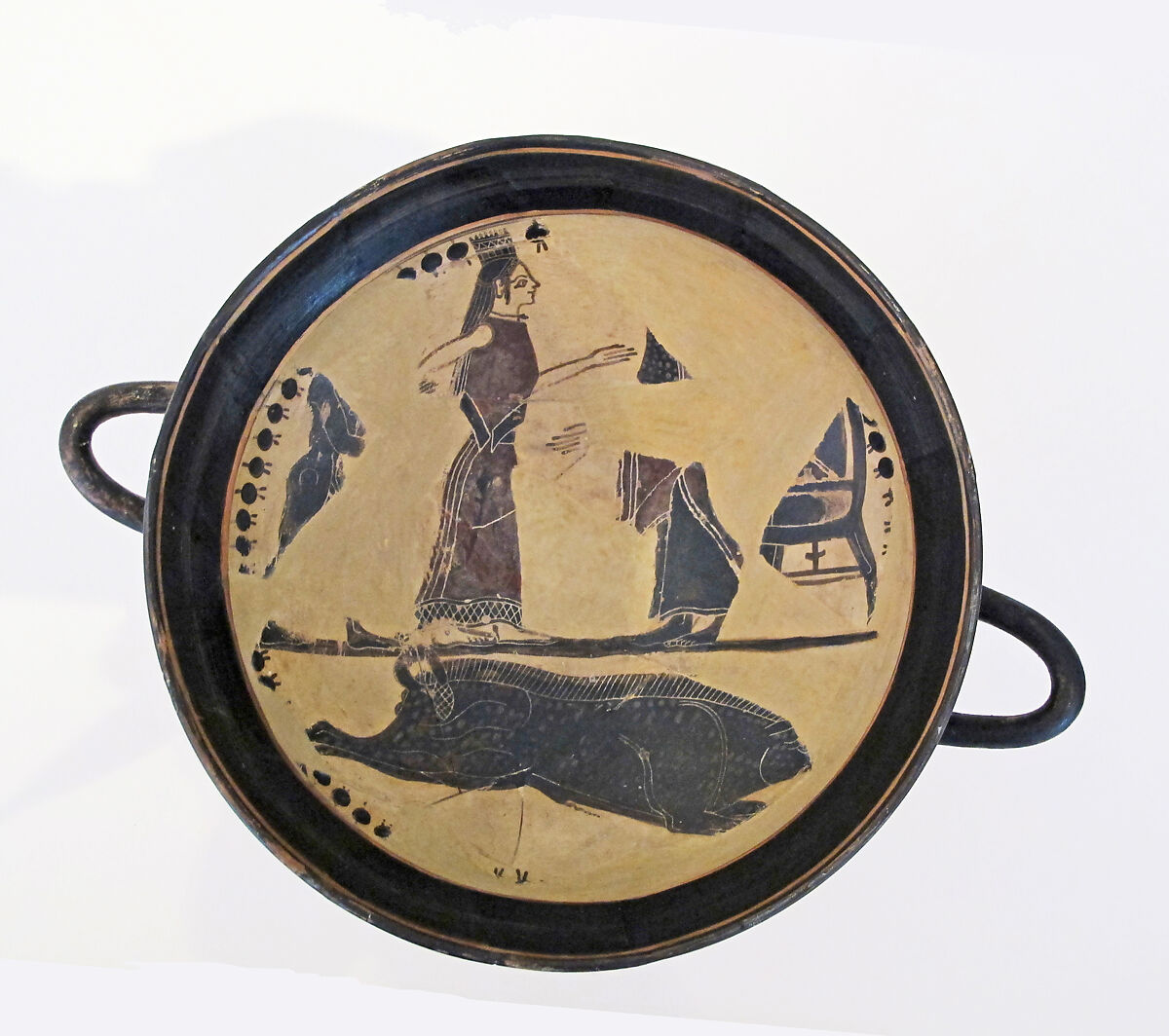 Terracotta kylix (drinking cup), Attributed to the Boreads Painter, Terracotta, Greek, Laconian 