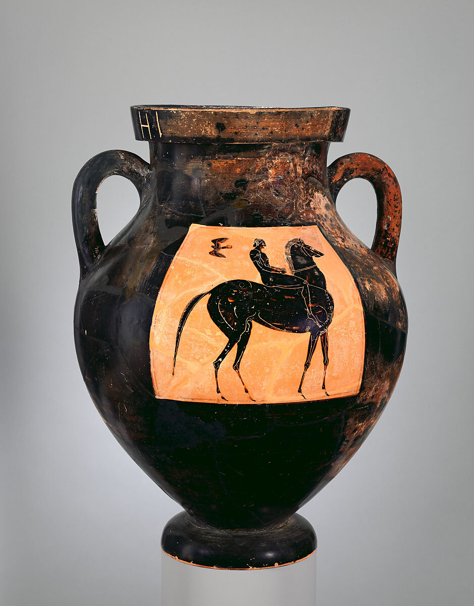 Terracotta amphora (jar), Attributed to the manner of Lydos, Terracotta, Greek, Attic