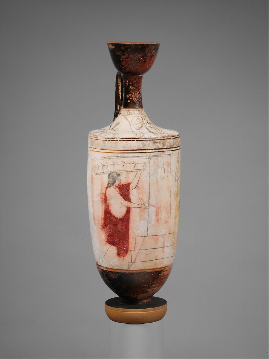 Terracotta lekythos (perfume flask), Attributed to the Sabouroff Painter, Terracotta, Greek, Attic 
