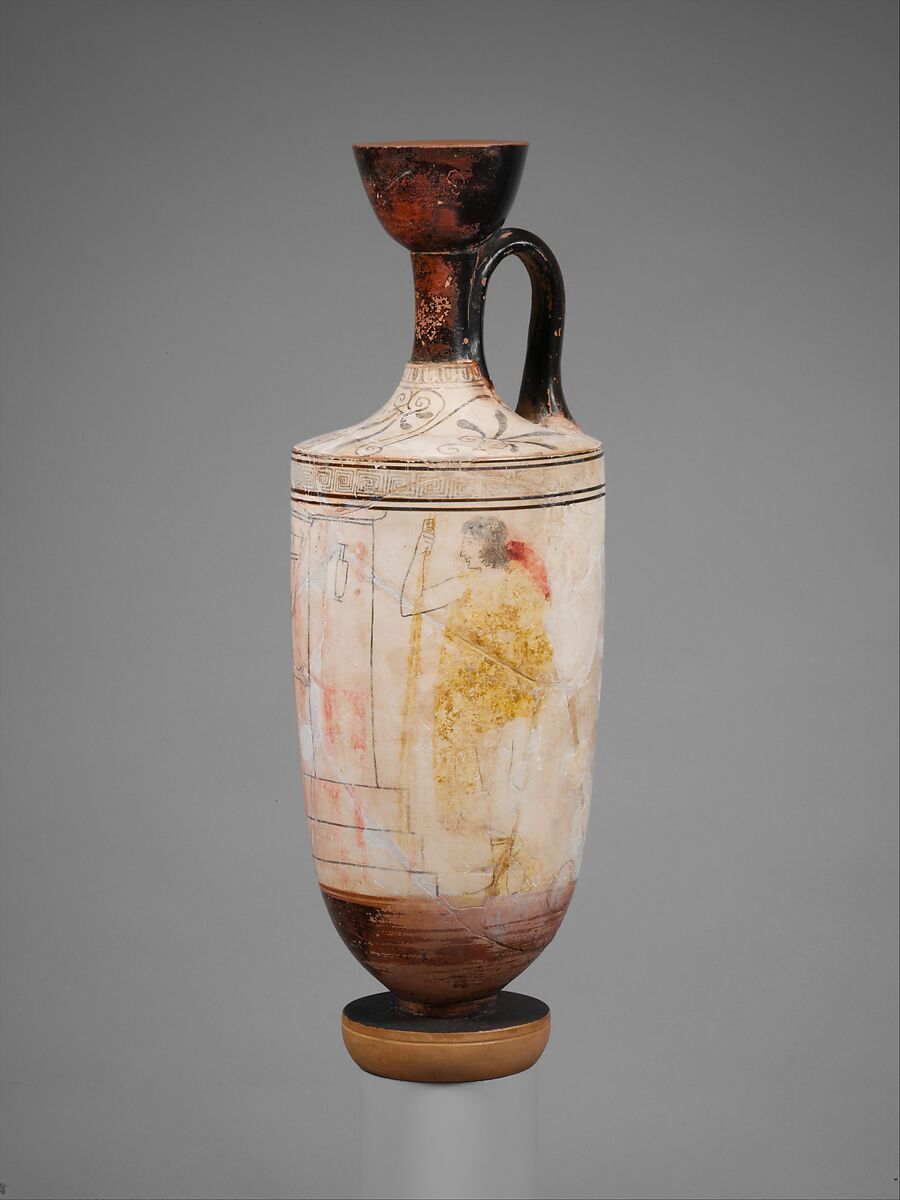 Terracotta lekythos (perfume flask), Attributed to the Sabouroff Painter, Terracotta, Greek, Attic
