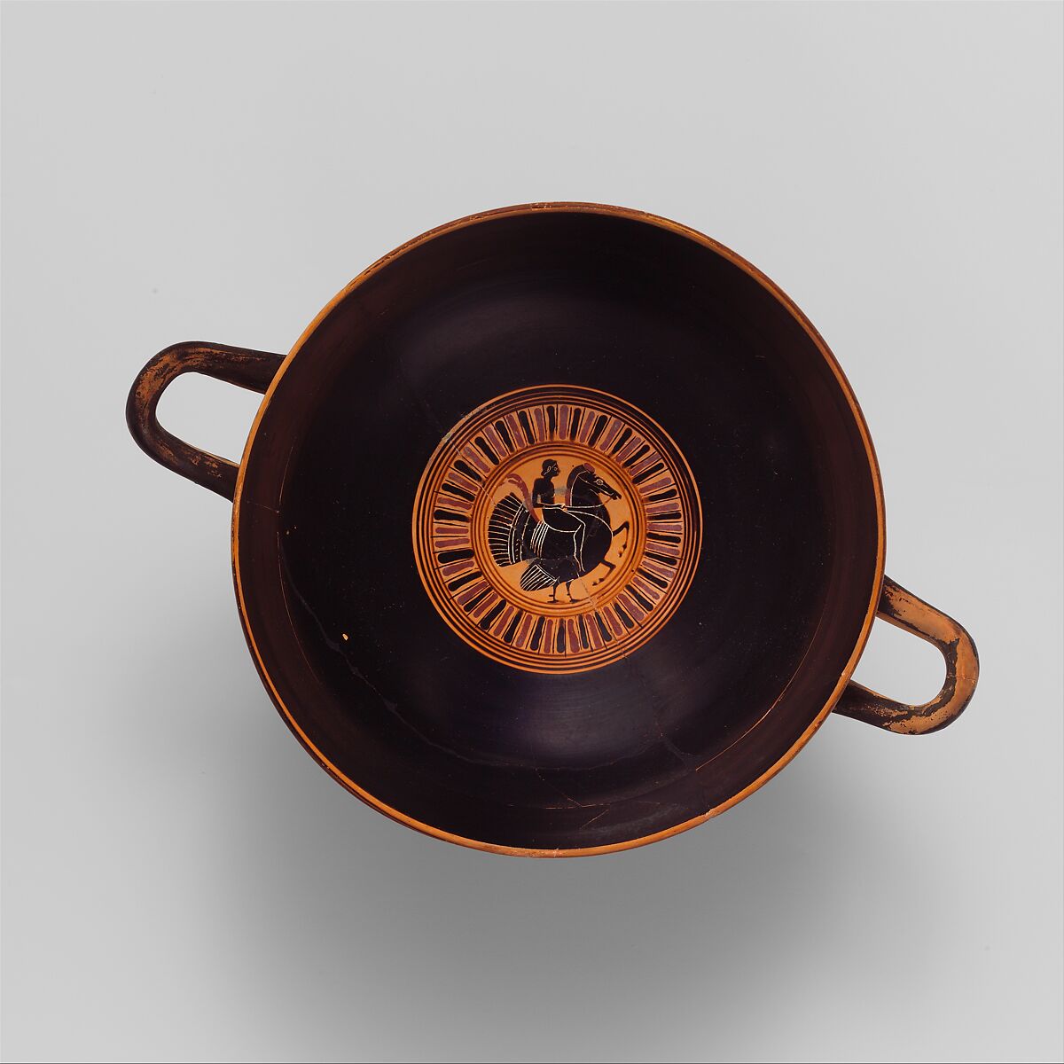 Terracotta kylix: lip-cup (drinking cup), Terracotta, Greek, Attic 