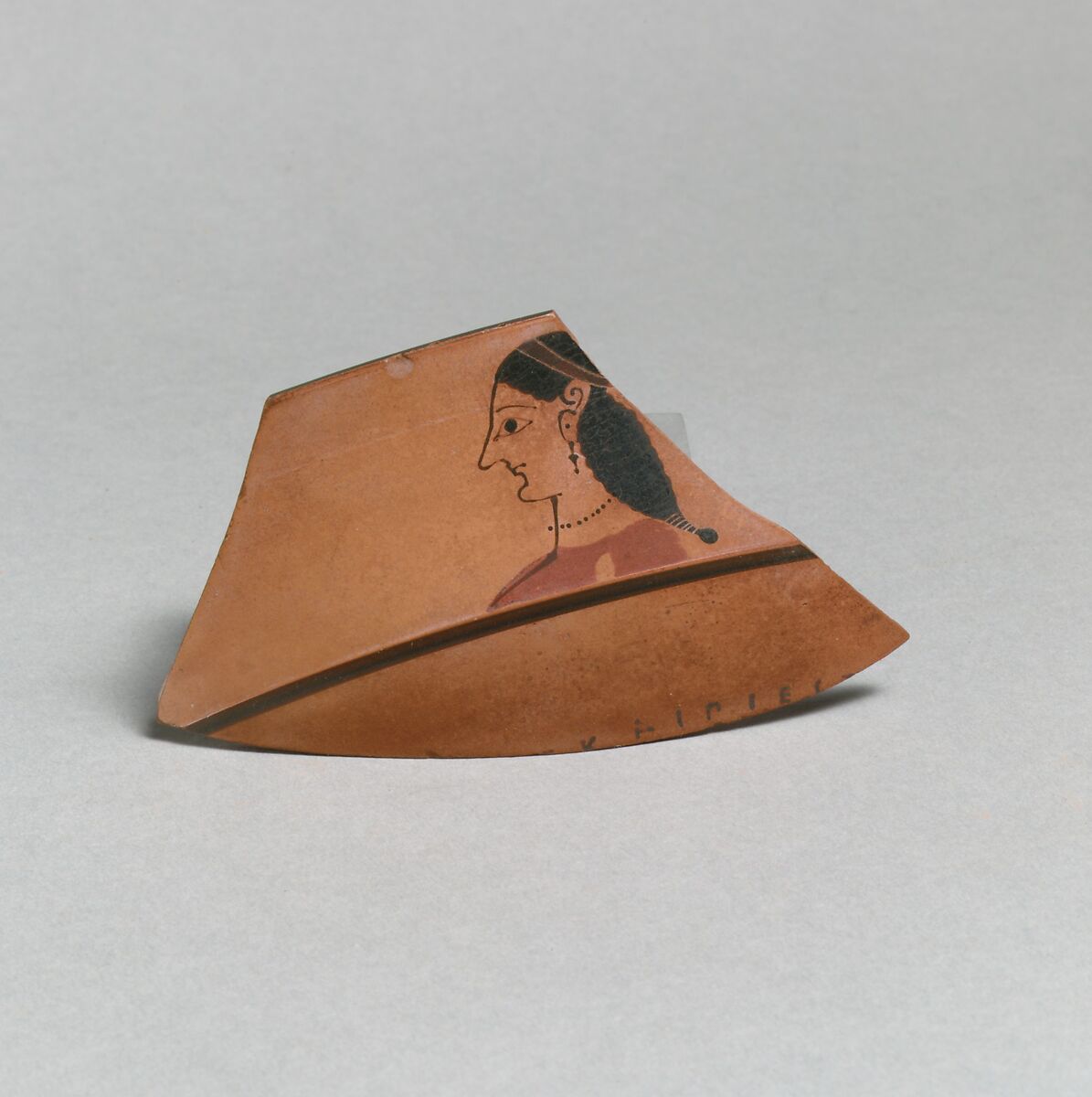 Fragment of a terracotta kylix: lip-cup (drinking cup), Attributed to Sakonides, Terracotta, Greek, Attic 