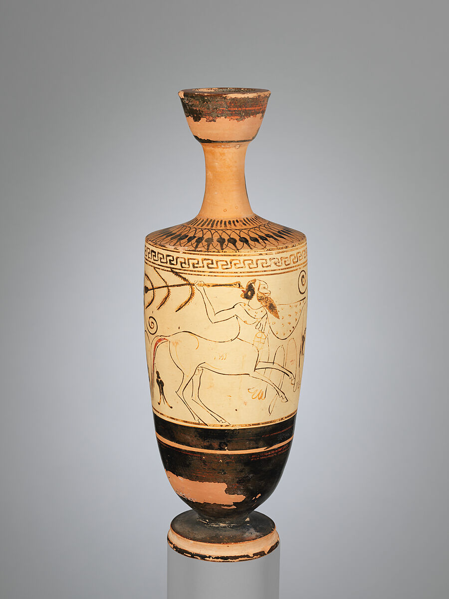 Terracotta lekythos (oil flask), Attributed to the Workshop of the Diosphos Painter, Terracotta, Greek, Attic 
