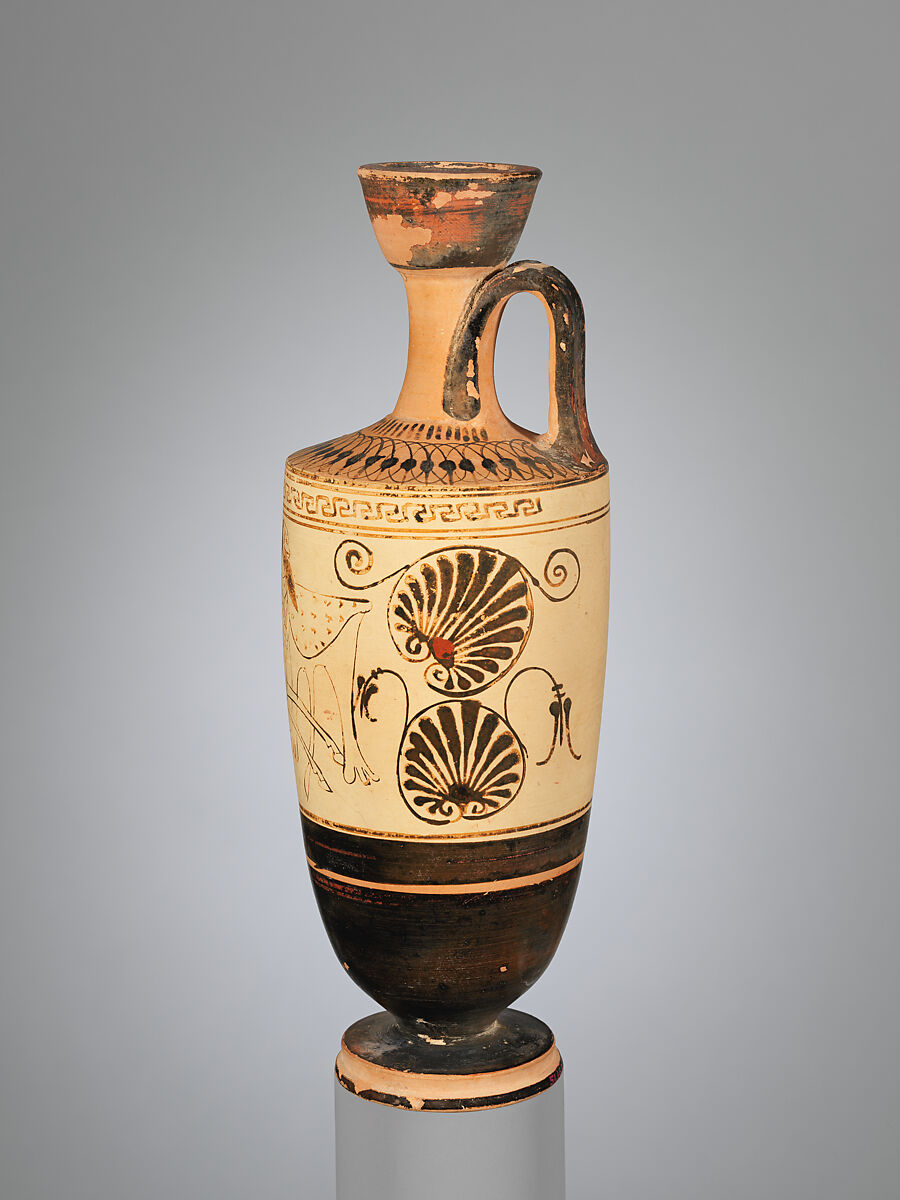 Terracotta lekythos (oil flask), Attributed to the Workshop of the Diosphos Painter, Terracotta, Greek, Attic