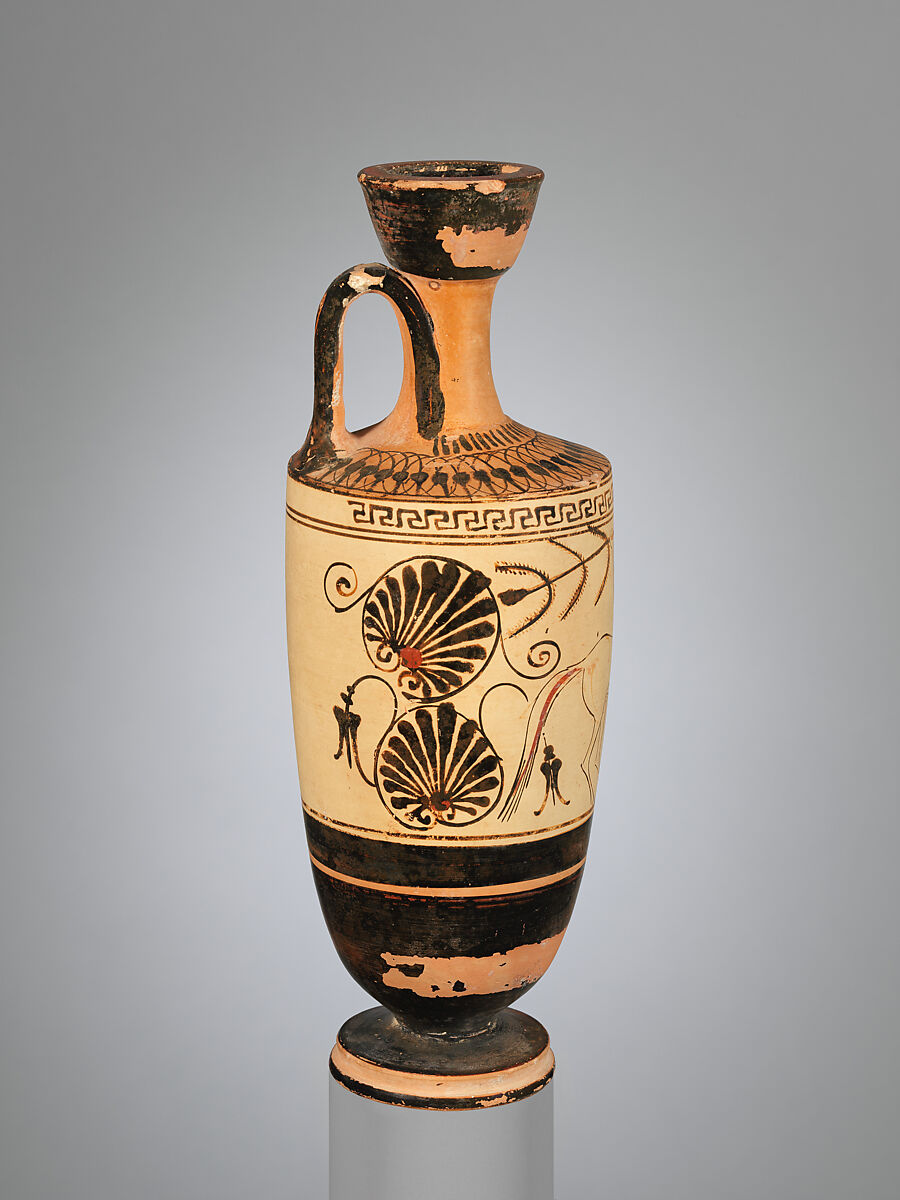 Terracotta lekythos (oil flask), Attributed to the Workshop of the Diosphos Painter, Terracotta, Greek, Attic