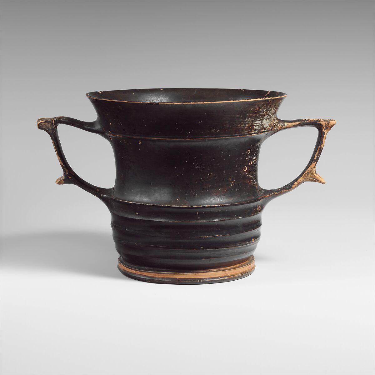 Terracotta kantharos: karchesion (deep cylindrical drinking cup), Terracotta, Greek, Attic or Boeotian 