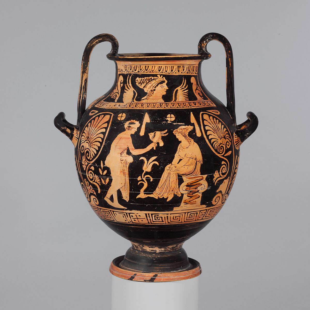Terracotta nestoris (two-handled jar), Attributed to the Painter of New York 52.11.2, Terracotta, Greek, South Italian, Lucanian 
