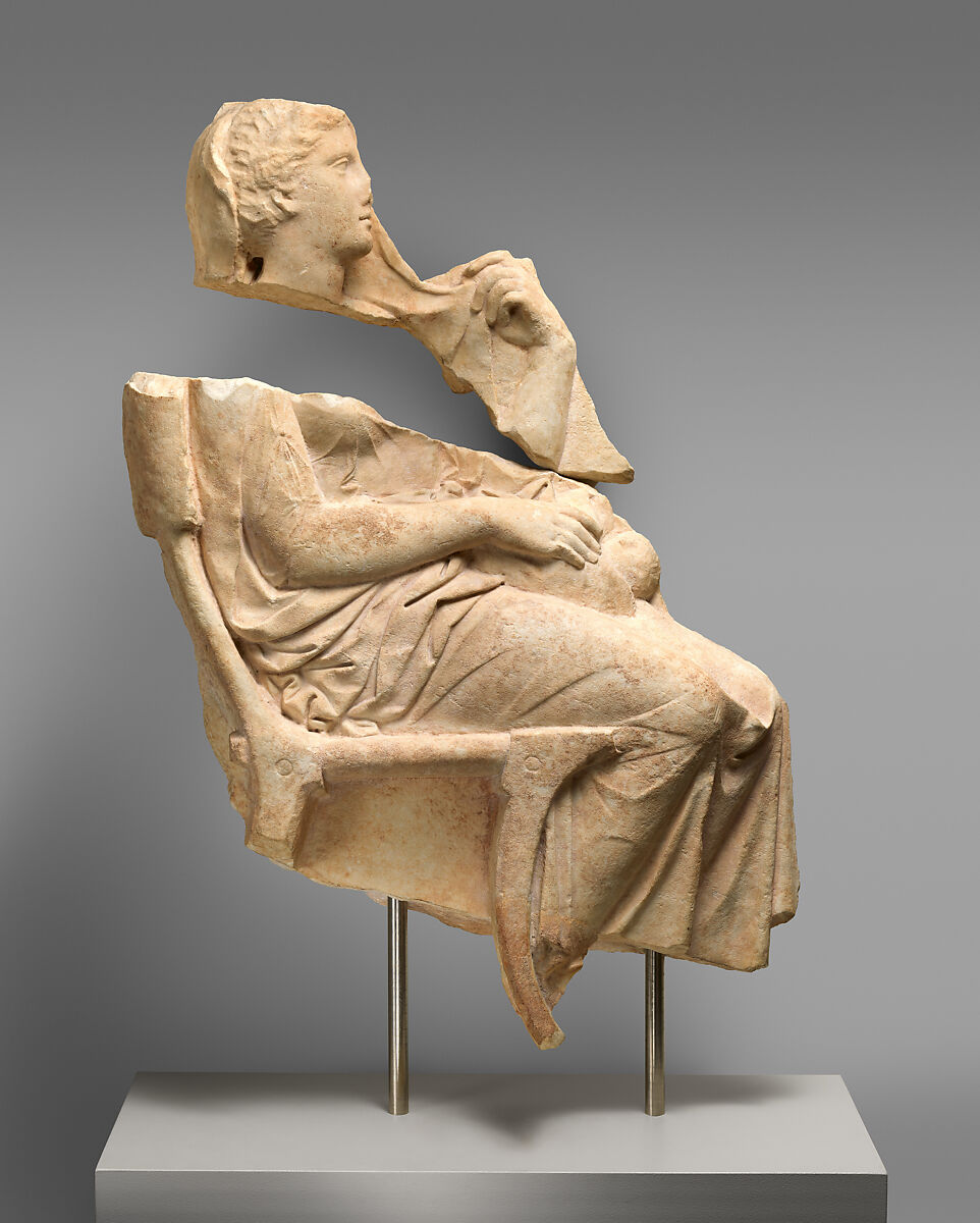Fragments of the marble stele (grave marker) of a woman holding a baby, Marble, Parian, Greek, Attic 
