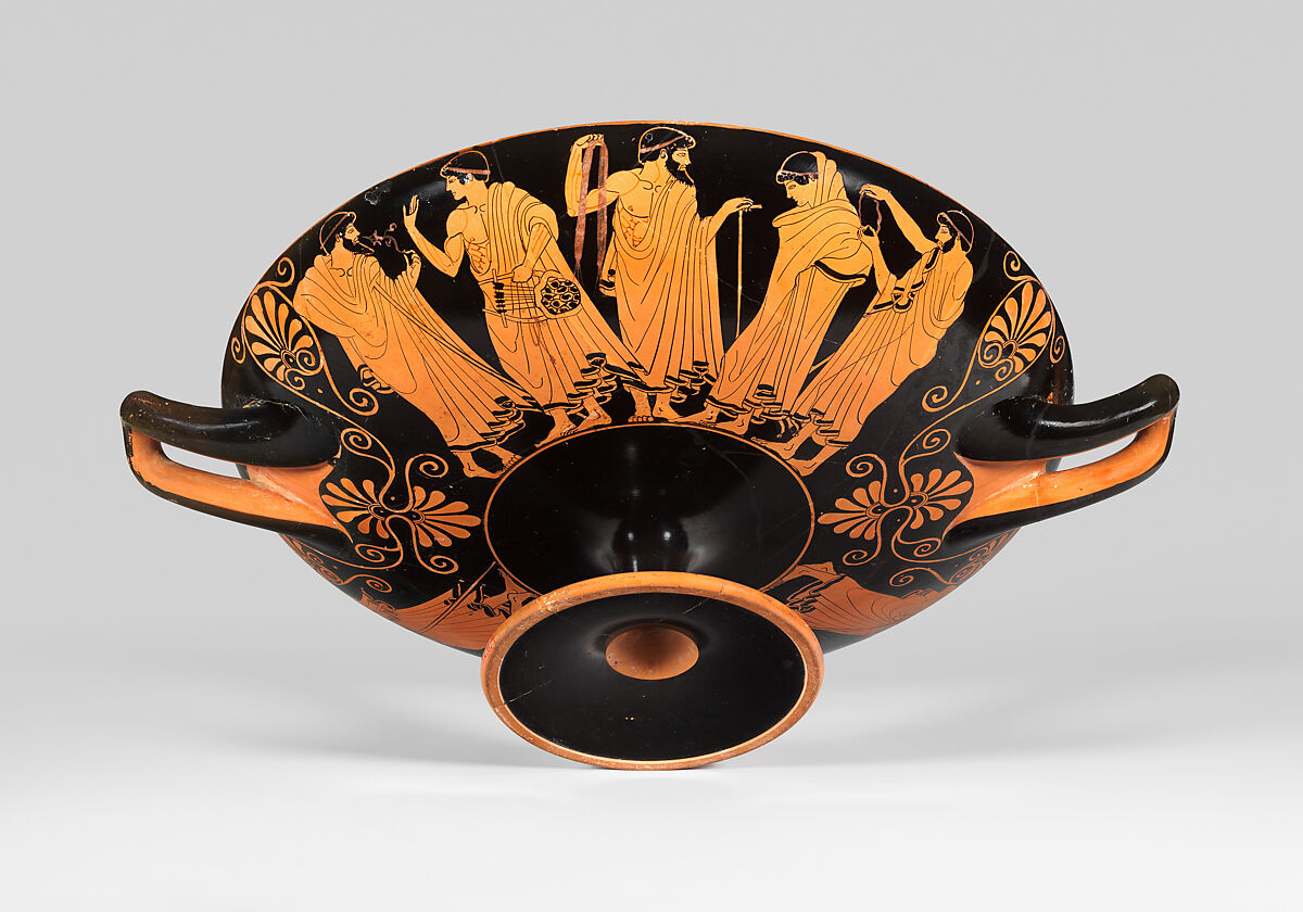 Terracotta kylix (drinking cup), Attributed to Douris, Terracotta, Greek, Attic