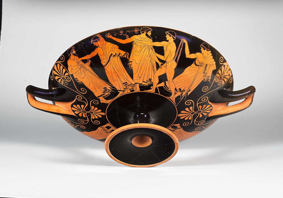Terracotta kylix (drinking cup), Attributed to Douris, Terracotta, Greek, Attic