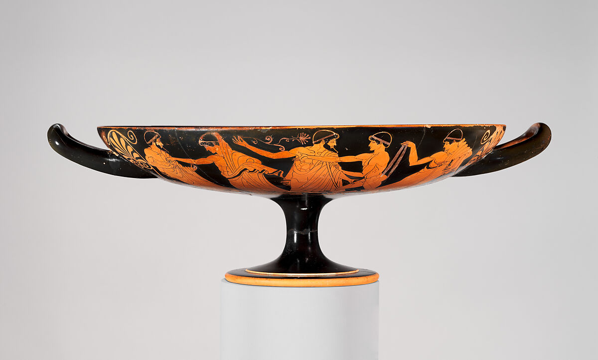 Terracotta kylix (drinking cup), Attributed to Douris, Terracotta, Greek, Attic