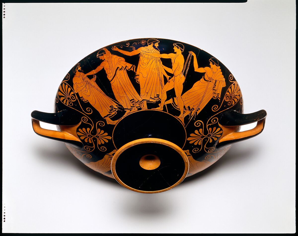 Terracotta kylix (drinking cup), Attributed to Douris, Terracotta, Greek, Attic