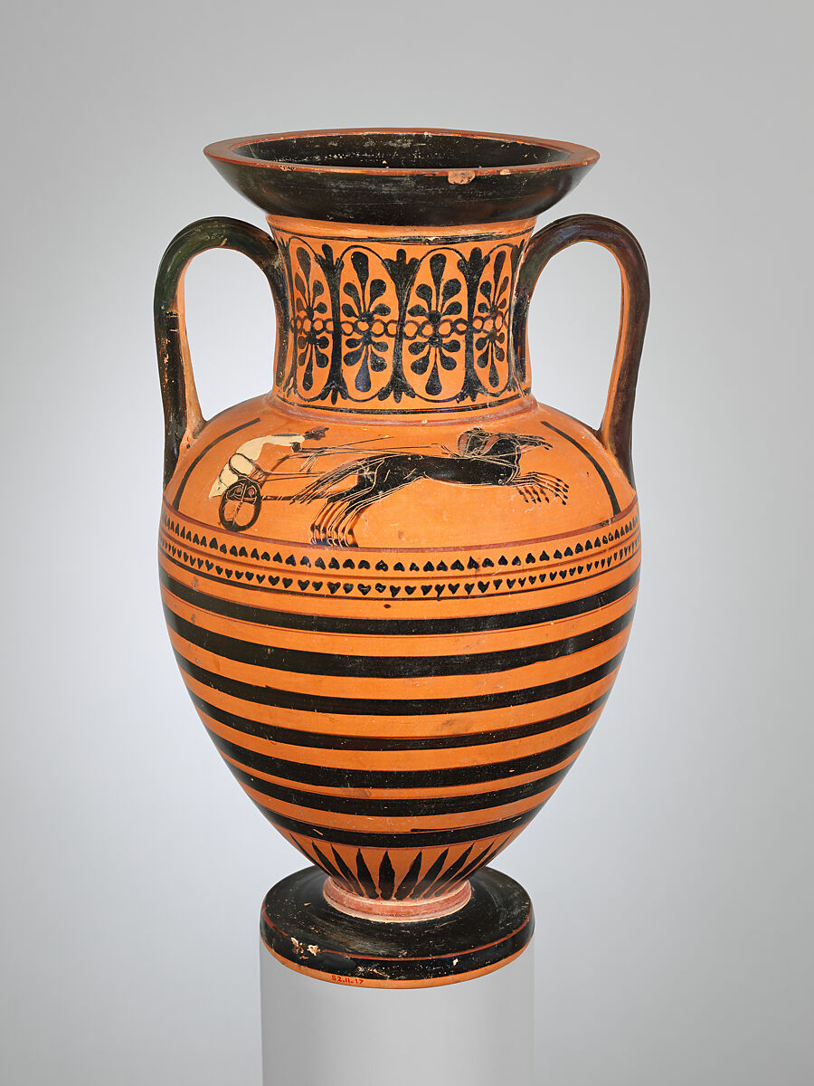 Terracotta neck-amphora (jar), Terracotta, Greek, Attic