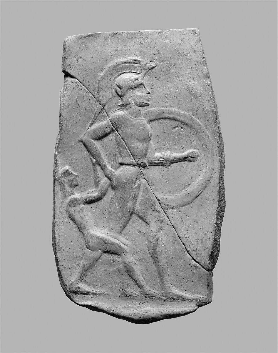 Terracotta relief of a warrior dragging a captive, Terracotta, Greek, Cretan 