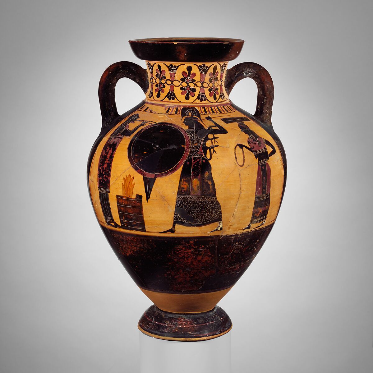 Terracotta neck-amphora of Panathenaic shape (jar), Attributed to the Princeton Painter, Terracotta, Greek, Attic 