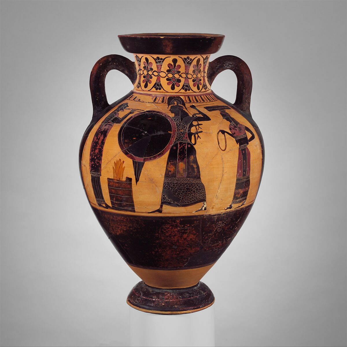 Terracotta neck-amphora of Panathenaic shape (jar), Attributed to the Princeton Painter, Terracotta, Greek, Attic