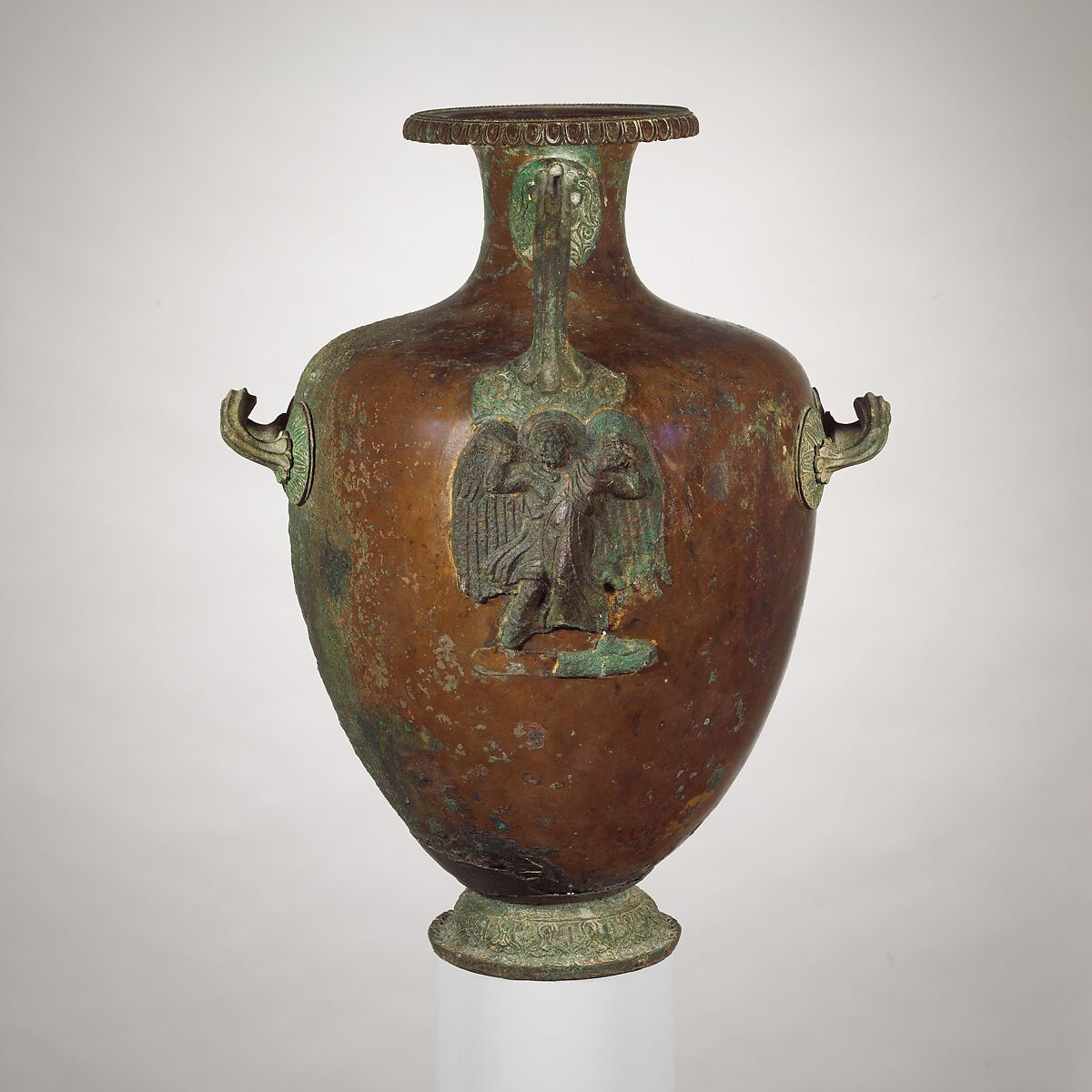 Bronze hydria (water jar), Bronze, silver, Greek 