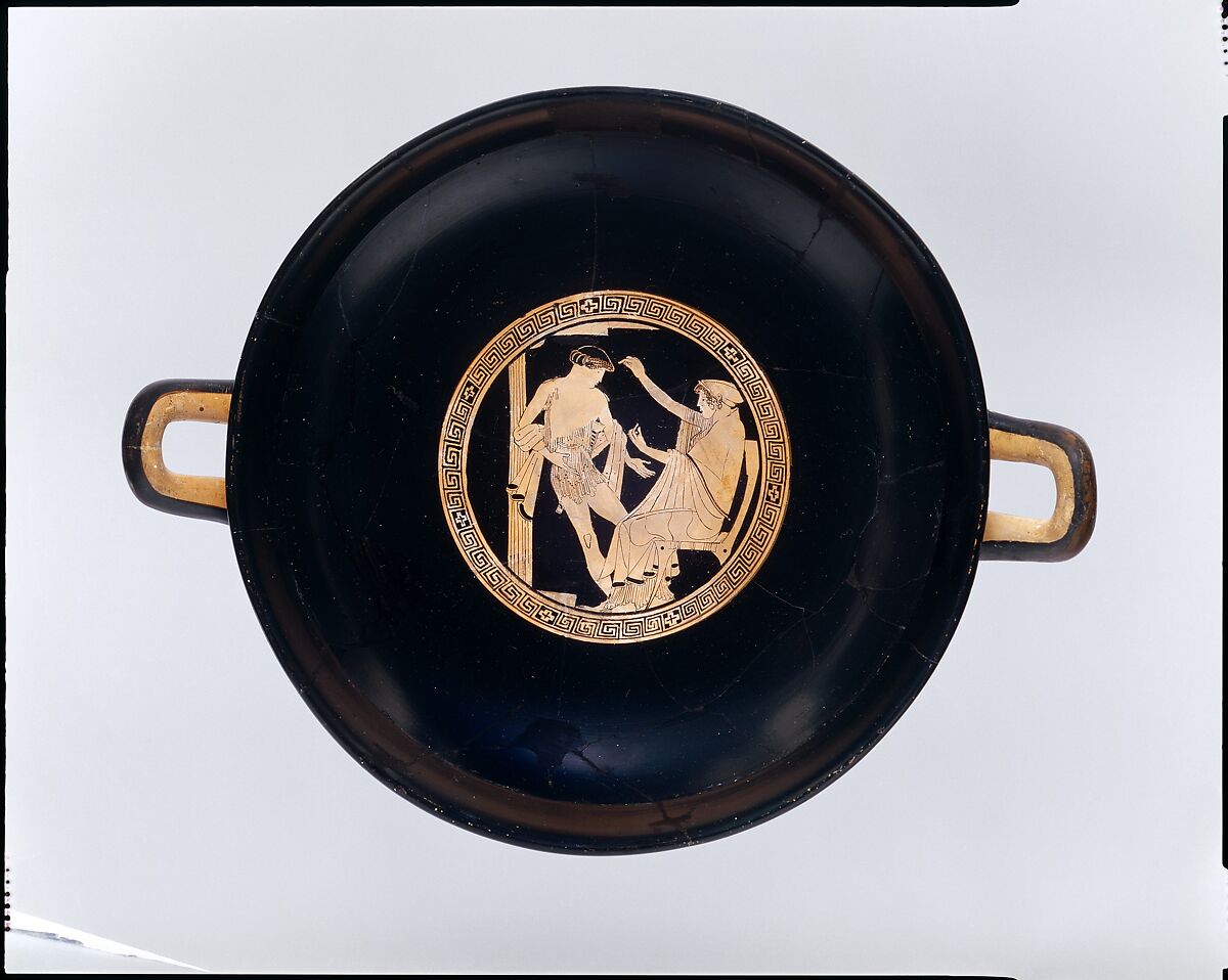 Terracotta kylix (drinking cup), Attributed to the Briseis Painter, Terracotta, Greek, Attic