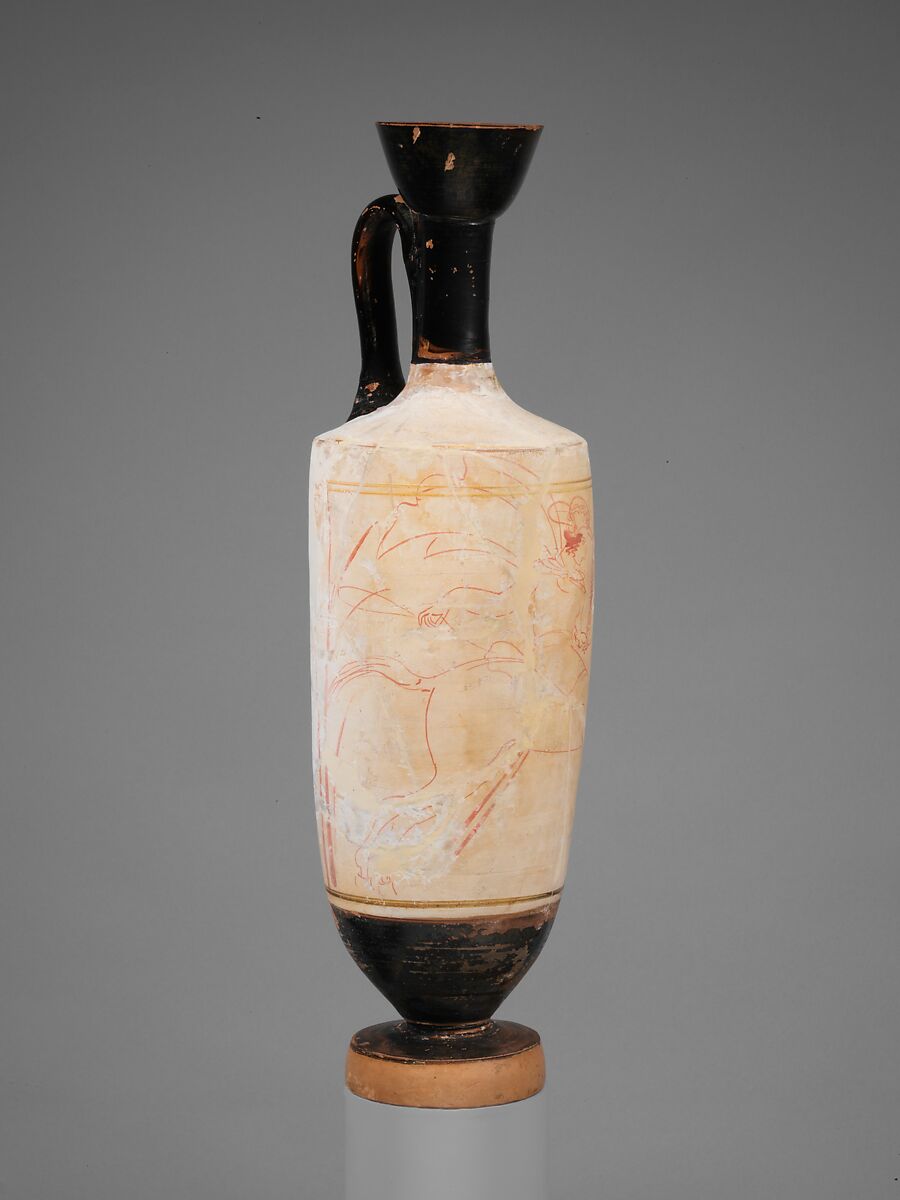 Terracotta lekythos (oil flask), Attributed to the Reed Painter, Terracotta, Greek, Attic 