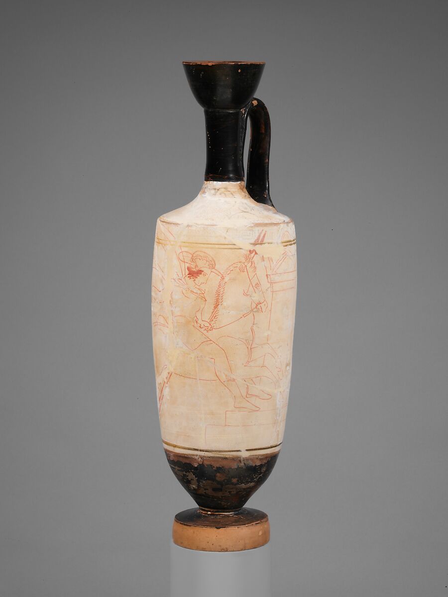 Terracotta lekythos (oil flask), Attributed to the Reed Painter, Terracotta, Greek, Attic