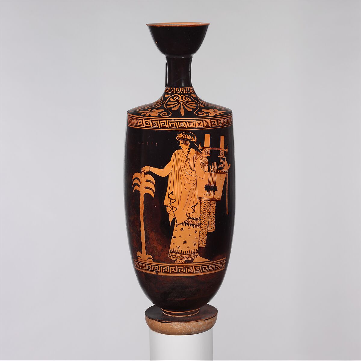 Terracotta lekythos (oil flask), Attributed to the Nikon Painter, Terracotta, Greek, Attic 