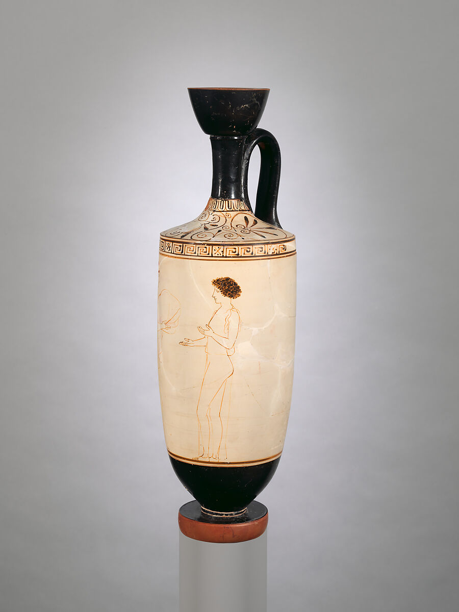 Terracotta lekythos (oil flask), Attributed to the Achilles Painter, Terracotta, Greek, Attic