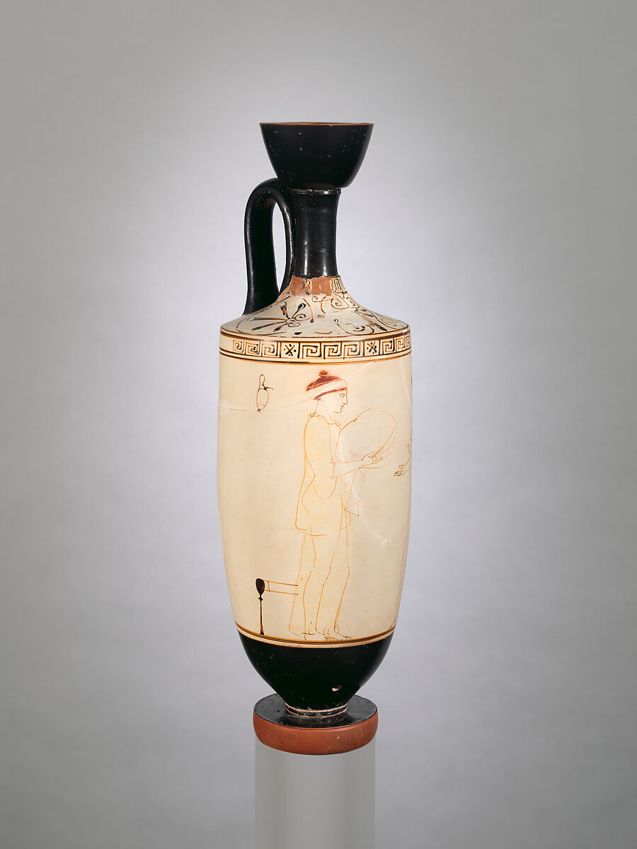 Terracotta lekythos (oil flask), Attributed to the Achilles Painter, Terracotta, Greek, Attic