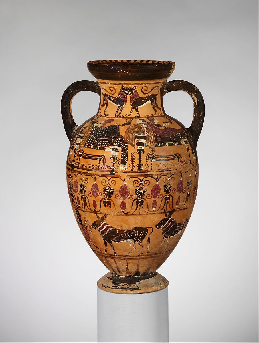 Terracotta neck-amphora (jar), Attributed to the Paris Painter, Terracotta, Etruscan 